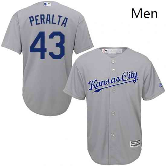 Mens Majestic Kansas City Royals 43 Wily Peralta Replica Grey Road Cool Base MLB Jersey